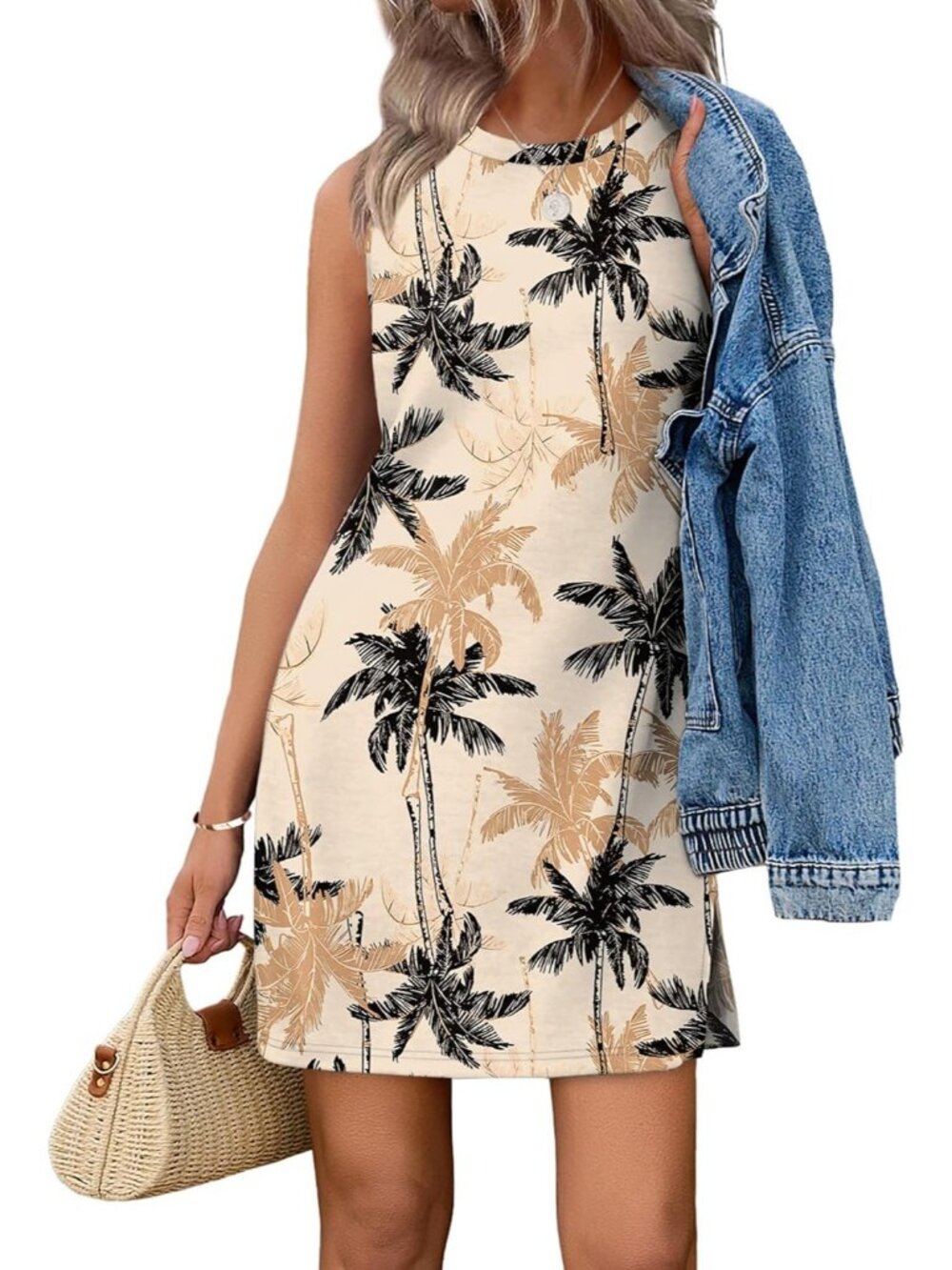 Women's Khaki Coconut Palm Summer Casual Dress Crewneck Sleeveless Tank Dress